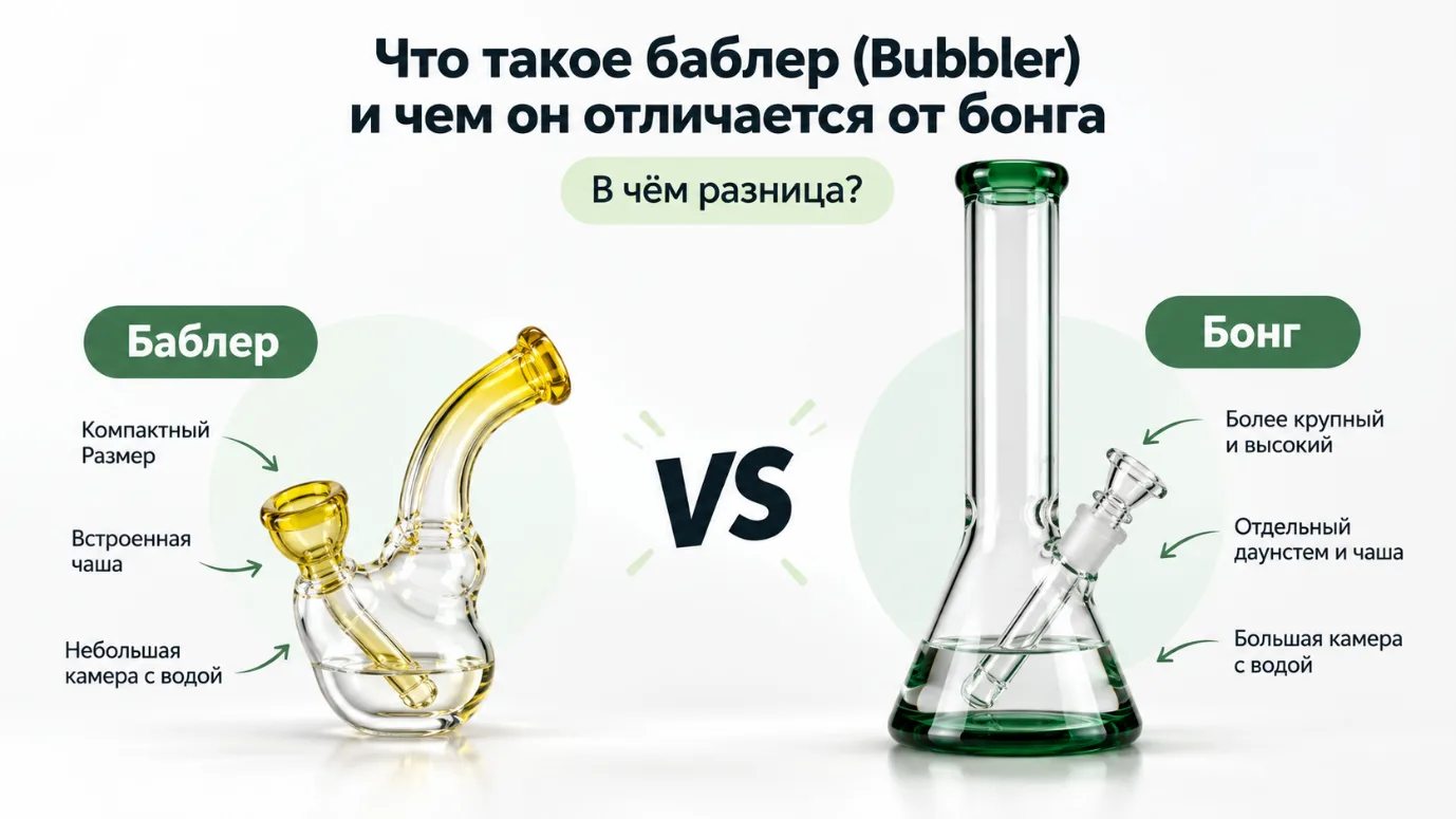 Компактный баблер с жёлтым мундштуком слева и высокий стеклянный бонг с зелёным основанием справа
